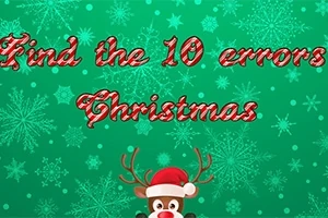 Yeşil kar tanesi desenli arka plan üzerinde Find the 10 errors Christmas yazısı ve alt kısımda Noel şapkası takmış bir ren geyiği