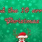 Yeşil kar tanesi desenli arka plan üzerinde Find the 10 errors Christmas yazısı ve alt kısımda Noel şapkası takmış bir ren geyiği