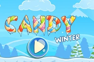 Renkli şekerlerle yazılmış Candy Winter başlığı ve karlı bir dağ manzarası