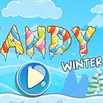 Renkli şekerlerle yazılmış Candy Winter başlığı ve karlı bir dağ manzarası