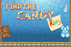 Renkli FIND THE CANDY yazısı ve alt köşelerde bir kahverengi ayı ile bir mavi tavşan peluş oyuncak bulunan mavi arka plan
