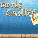 Renkli FIND THE CANDY yazısı ve alt köşelerde bir kahverengi ayı ile bir mavi tavşan peluş oyuncak bulunan mavi arka plan