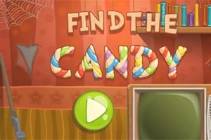 Kırmızı duvardaki raf ve televizyonun yanında, üzerinde Find the Candy yazan ve şeker desenli harflerle süslenmiş bir görüntü