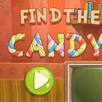 Kırmızı duvardaki raf ve televizyonun yanında, üzerinde Find the Candy yazan ve şeker desenli harflerle süslenmiş bir görüntü