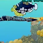Karikatür tarzında dört renkli balığın yer aldığı denizaltı sahnesi
