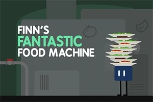 Koyu arka plan önünde üst üste dizilmiş tabaklar taşıyan iki gözlü mavi bir figür ve büyük beyaz harflerle yazılmış FINNS FANTASTIC FOOD MACHINE metni