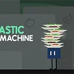 Koyu arka plan önünde üst üste dizilmiş tabaklar taşıyan iki gözlü mavi bir figür ve büyük beyaz harflerle yazılmış FINNS FANTASTIC FOOD MACHINE metni