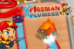 Kırmızı itfaiyeci kıyafeti giymiş çizgi karakter, hortumla yanan bir binaya su sıkıyor; yanında Fireman Plumber yazısı bulunuyor