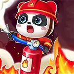 İtfaiyeci kıyafeti giymiş sevimli bir panda yangın söndürücü kullanarak alevleri söndürmeye çalışıyor