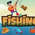 Balık tutan bir adam, bulutlu bir gökyüzü altında çeşitli deniz canlıları ve FISHING