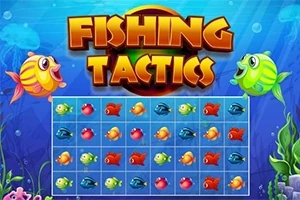 Renkli balıklarla dolu bir ızgara ve üst kısmında Fishing Tactics yazısı bulunan su altı temalı bir sahne