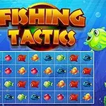 Renkli balıklarla dolu bir ızgara ve üst kısmında Fishing Tactics yazısı bulunan su altı temalı bir sahne