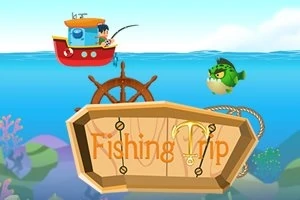 Küçük bir balıkçı teknesinde olta atan bir kişi, suda yüzen büyük yeşil bir balık ve ön planda Fishing Trip yazılı tahta tabela