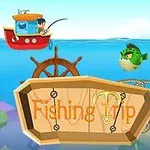 Küçük bir balıkçı teknesinde olta atan bir kişi, suda yüzen büyük yeşil bir balık ve ön planda Fishing Trip yazılı tahta tabela