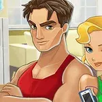 Kaslı bir erkek ve telefonla müzik dinleyen sarışın bir kadının spor salonunda çizgi film tarzında tasviri