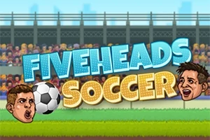Karakter kafalarının yanında futbol topu ve Fiveheads Soccer yazısı, arka planda bir futbol stadyumu ile