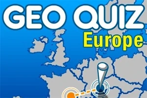 Mavi ve gri tonlarında, Avrupa haritası üzerine GEO QUIZ Europe yazılı görsel