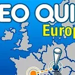Mavi ve gri tonlarında, Avrupa haritası üzerine GEO QUIZ Europe yazılı görsel