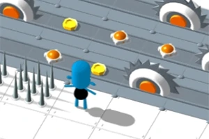 Mavi bir karakter, dişliler, yumurtalar ve dikenlerle dolu bir platformda duruyor