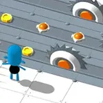 Mavi bir karakter, dişliler, yumurtalar ve dikenlerle dolu bir platformda duruyor