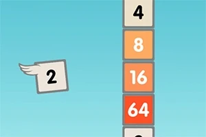 Flappy 2048 Kanatlı bir kare üzerinde 2 rakamı ve yanında 4, 8, 16, 64 gibi sayılar içeren renkli dikey kutular
