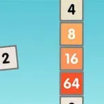 Flappy 2048 Kanatlı bir kare üzerinde 2 rakamı ve yanında 4, 8, 16, 64 gibi sayılar içeren renkli dikey kutular