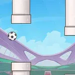 Mavi gökyüzü altında boruların arasında hareket eden bir futbol topu bulunan animasyon sahnesi
