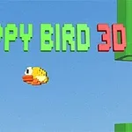 Mavi bir arka planda, yeşil ve kırmızı renkli büyük harflerle FLAPPY BIRD 3D yazısının yanında uçan piksel tarzı sarı bir kuş