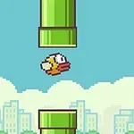 Gökyüzü fonunda, üst ve alt kısımlarında yeşil borular arasında uçan pixel tarzı kuş
