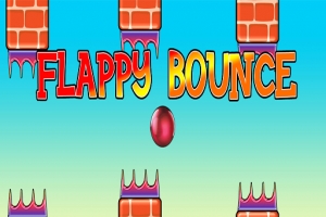 Tuğla yapılar arasında zıplayan kırmızı top ve rengarenk Flappy Bounce yazısı