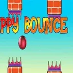 Tuğla yapılar arasında zıplayan kırmızı top ve rengarenk Flappy Bounce yazısı