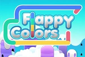 Renkli yazı tipleriyle Flappy Colors ifadesi, bulutlu ve renkli dağlarla dolu mavi bir arka plan üzerinde yer alıyor