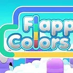 Renkli yazı tipleriyle Flappy Colors ifadesi, bulutlu ve renkli dağlarla dolu mavi bir arka plan üzerinde yer alıyor