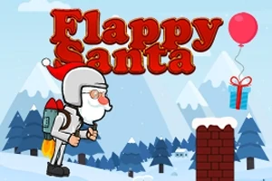 Uçan Noel Baba kostümü giymiş bir karakter, karlı dağ manzarası önünde, takılı bir jetpack ile hediye paketi ve balonun yanından geçiyor