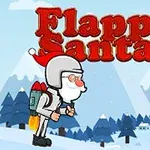 Uçan Noel Baba kostümü giymiş bir karakter, karlı dağ manzarası önünde, takılı bir jetpack ile hediye paketi ve balonun yanından geçiyor