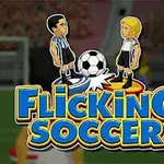 Karikatürize futbolcuların ortasında futbol topu bulunan renkli Flicking Soccer başlığı