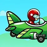 Yeşil ve kırmızı renklerde, pilotu olan sevimli çizgi uçak, mavi gökyüzü önünde uçuyor