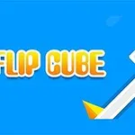 Mavi bir arka plan üzerinde FLIP CUBE yazısı ve turuncu dikenlerden kaçan beyaz bir küp