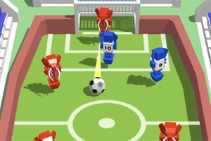 Kırmızı ve mavi robotik figürlerin futbol sahasında top oynadığı bir sahne