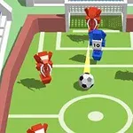 Kırmızı ve mavi robotik figürlerin futbol sahasında top oynadığı bir sahne