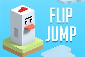 Beyaz arka planda, üzerinde kırmızı bir ibik olan, piksel tarzı beyaz bir tavuk ve yanında FLIP JUMP yazısı bulunmaktadır