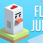 Beyaz arka planda, üzerinde kırmızı bir ibik olan, piksel tarzı beyaz bir tavuk ve yanında FLIP JUMP yazısı bulunmaktadır