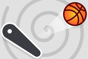 Basketbol topu ve beyaz çerçeveli siyah bir flipper, spiral desenli bir arka planda gösteriliyor