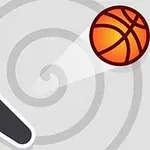 Basketbol topu ve beyaz çerçeveli siyah bir flipper, spiral desenli bir arka planda gösteriliyor