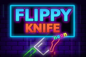 Neon ışıklarla aydınlatılmış, FLIPPY KNIFE yazısı ve bir bıçak figürü bulunan renkli bir tasarım