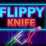 Neon ışıklarla aydınlatılmış, FLIPPY KNIFE yazısı ve bir bıçak figürü bulunan renkli bir tasarım