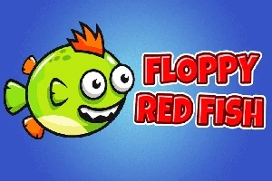 Yeşil, büyük gözlü, turuncu yüzgeçli bir balık ve yanında kırmızı harflerle yazılmış Floppy Red Fish yazısı