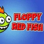 Yeşil, büyük gözlü, turuncu yüzgeçli bir balık ve yanında kırmızı harflerle yazılmış Floppy Red Fish yazısı