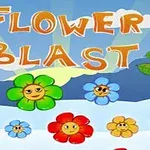 Renkli ve gülen yüzlü çiçeklerle çevrili büyük harflerle yazılmış Flower Blast yazısı
