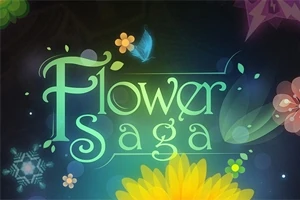 Flower Saga yazısı, etrafında çiçekler ve bir kelebek ile birlikte renkli bir tasarım üzerinde yer alıyor